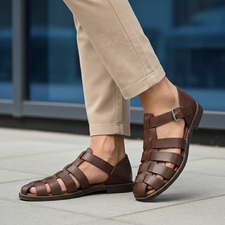 Men's summer orthopedic sandals with adjustable straps, gladiator style, and a supportive cushioned sole for comfort.