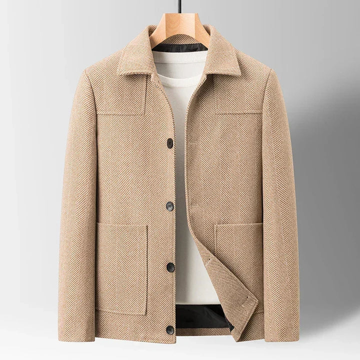 Model in Men's Oswald Herringbone Jacket, casual & stylish zip-up for cold weather. Essential men's fashion.