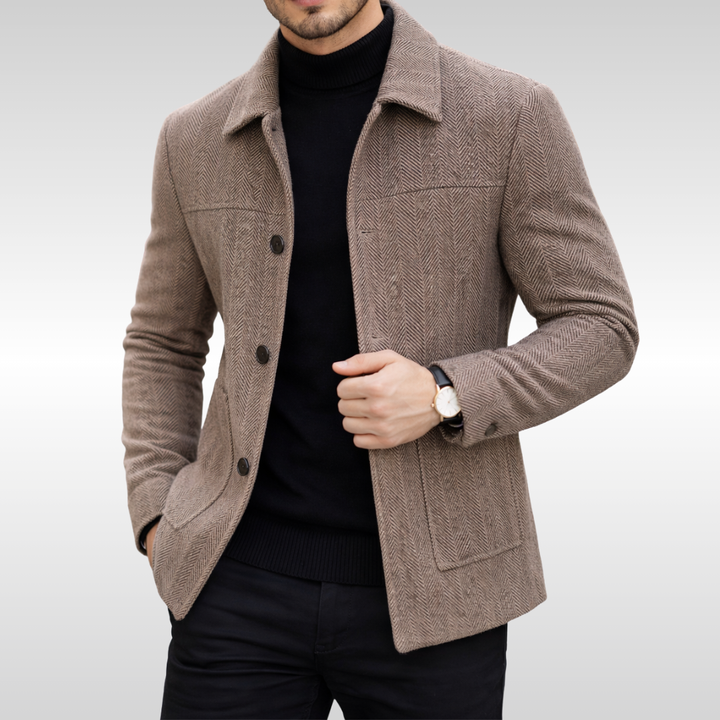 Side view: Men's Oswald Herringbone Jacket, classic herringbone design. Warm fall/winter outerwear for men.