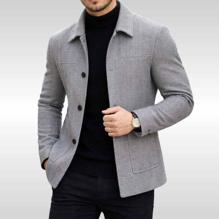 Men's Oswald Herringbone zip jacket, stylish and warm. Essential fall/winter casual men's fashion outerwear.