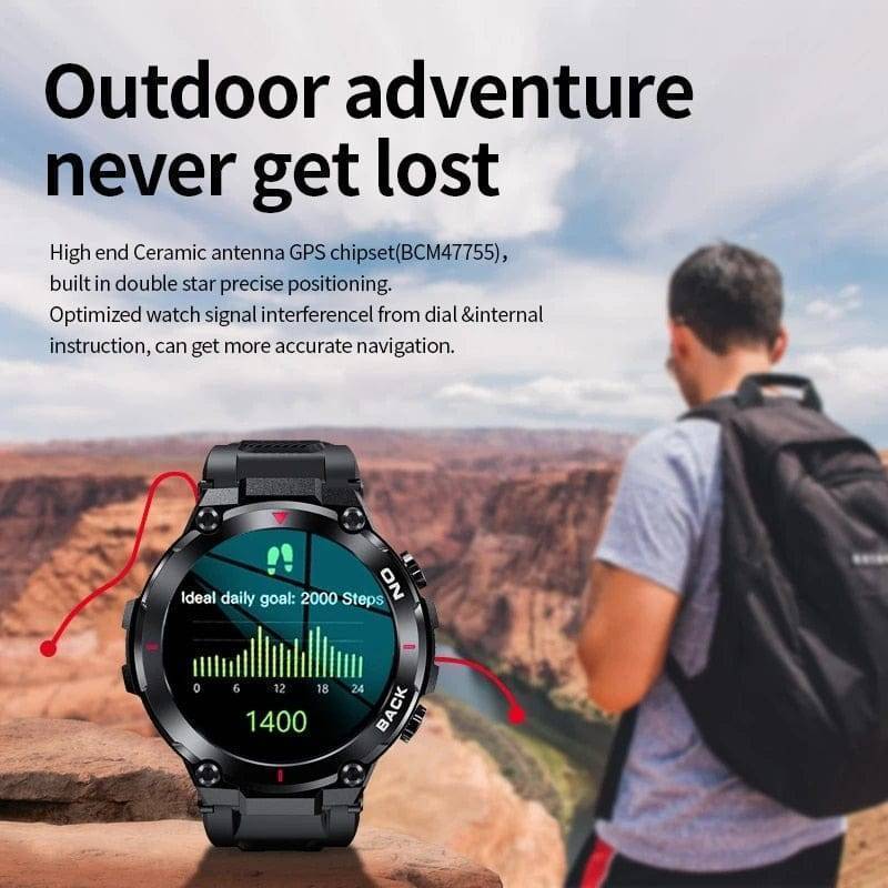 Close-up of the Men's GPS Smartwatch display, showcasing heart rate monitoring and fitness tracking features.