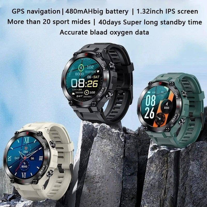 Men's Smartwatch with a vibrant digital display, showing time, date, and activity stats in a clear format.