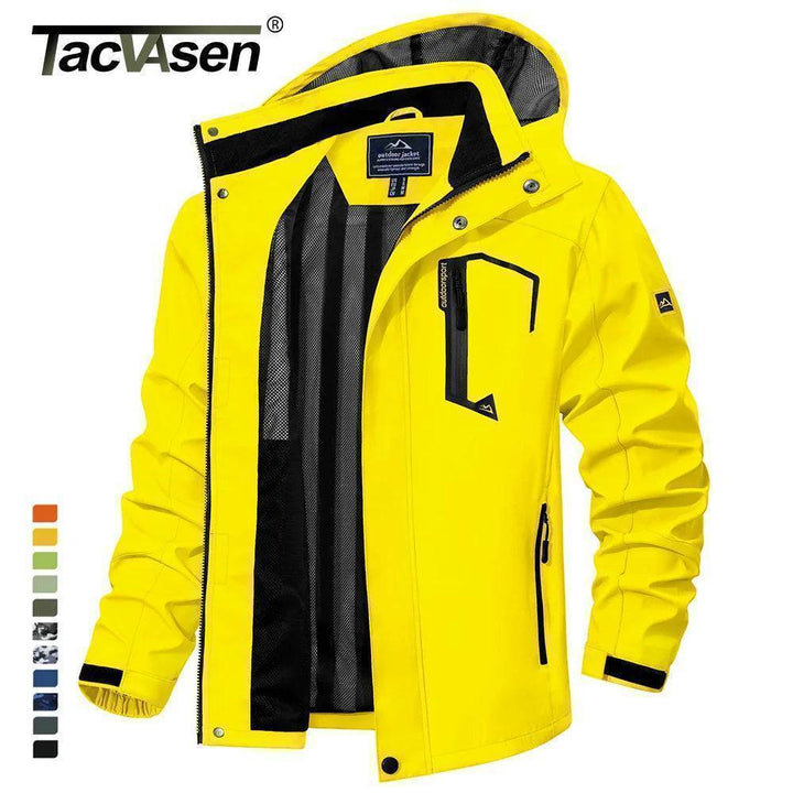 Men's outdoor lightweight waterproof rain jacket in black with detachable hood, front zipper, & pockets.