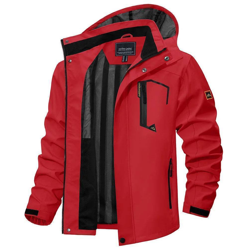 Close-up of the detachable hood mechanism on a men's lightweight waterproof outdoor jacket.