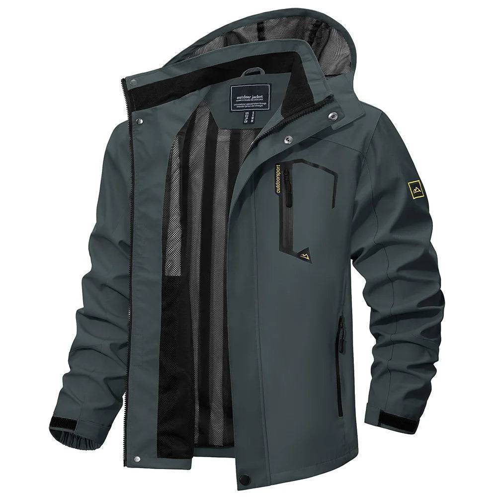 Yellow men's lightweight outdoor waterproof rain jacket with detachable hood, visible from a distance.