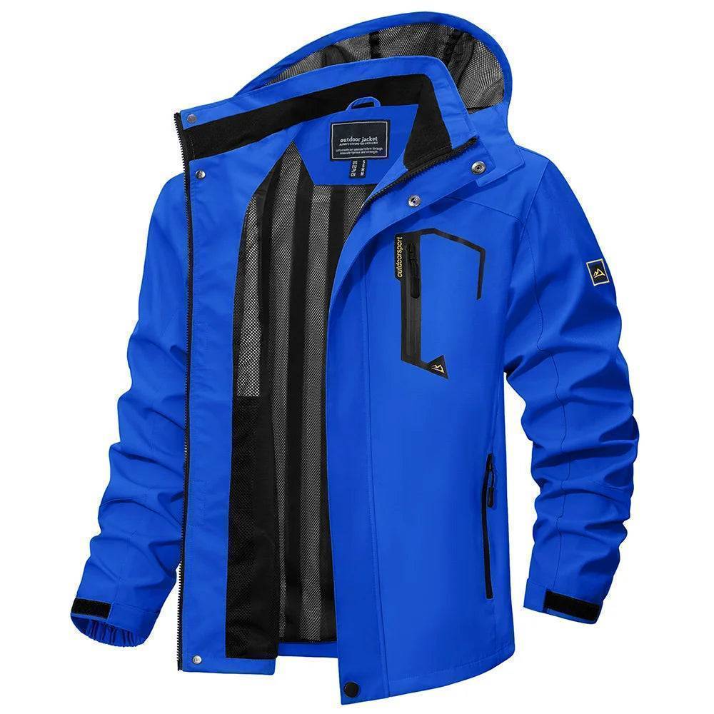 Adjustable drawstrings on the detachable hood of a men's waterproof hiking & fishing jacket.