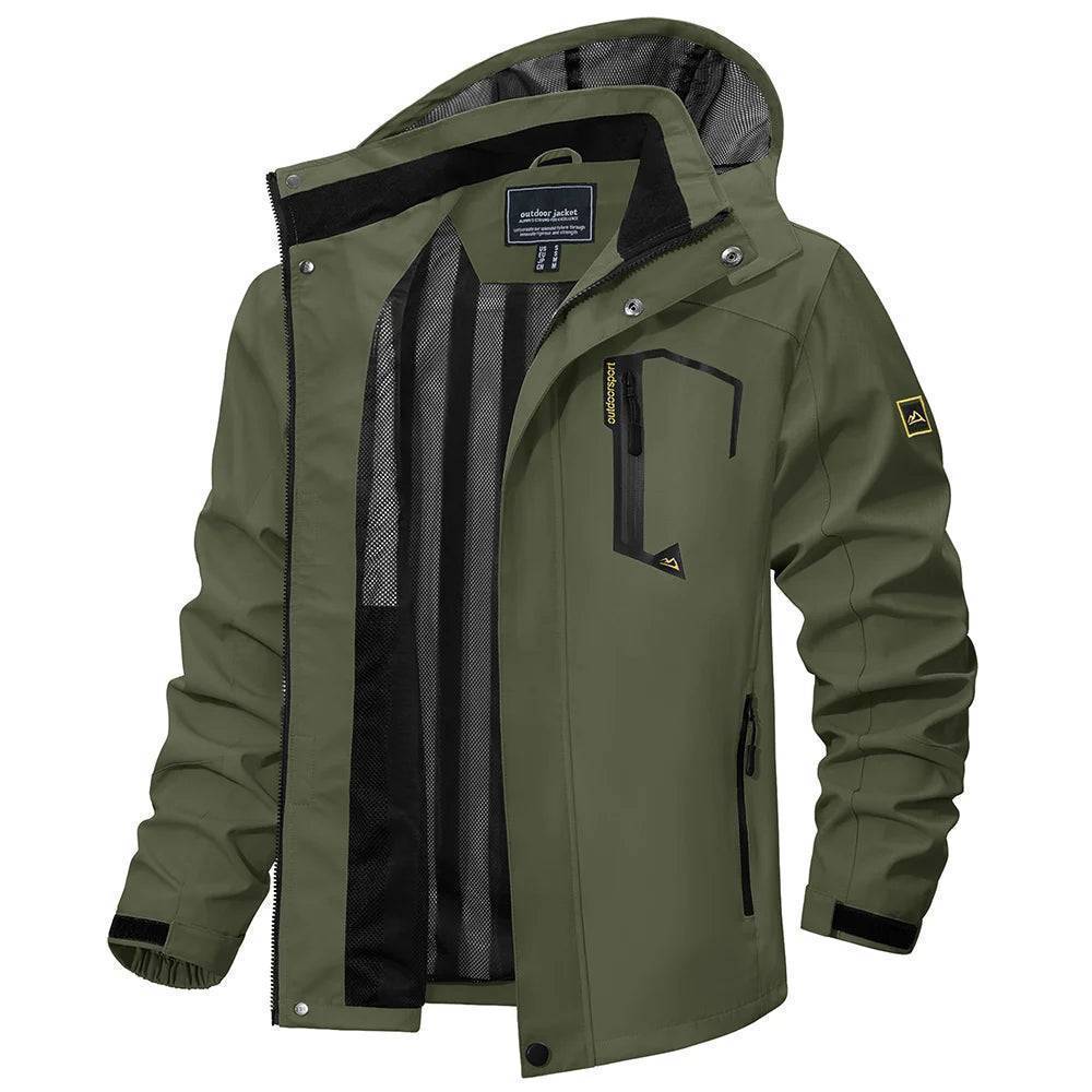Model wearing a blue men's waterproof rain jacket with detachable hood, looking prepared for weather.