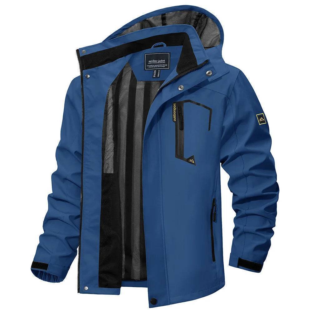 Side view of a men's outdoor lightweight waterproof jacket with detachable hood, showcasing fit.