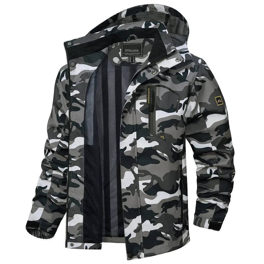 Men's spring autumn lightweight waterproof rain jacket with detachable hood, suitable for layering.