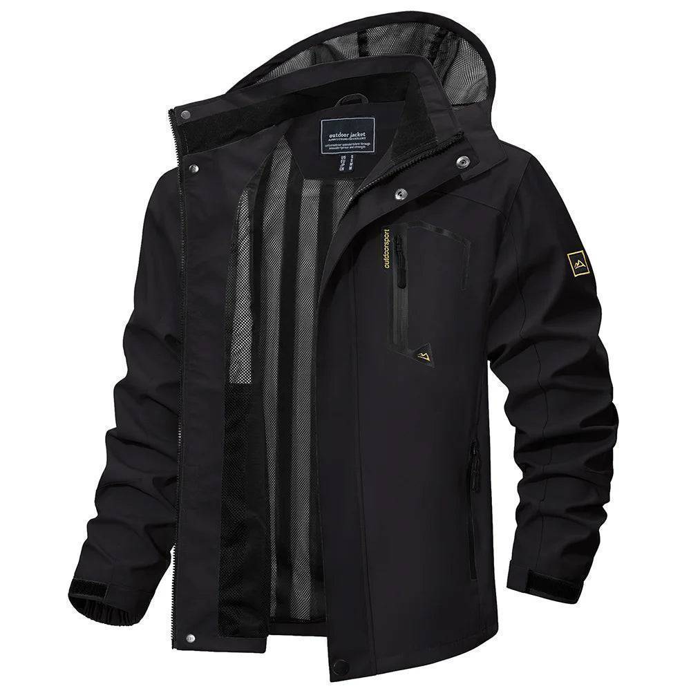 Texture shot of the waterproof and windproof material of a men's outdoor jacket with detachable hood.