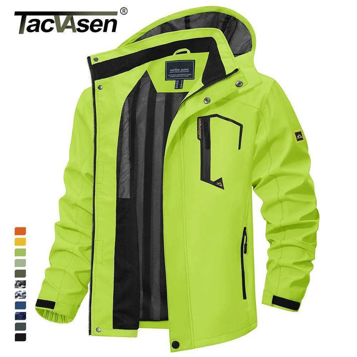 Close-up of the waterproof fabric on a men's outdoor rain jacket with a detachable hood.