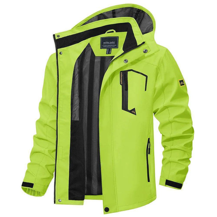 Green men's outdoor lightweight waterproof jacket with detachable hood, perfect for fishing & hiking.