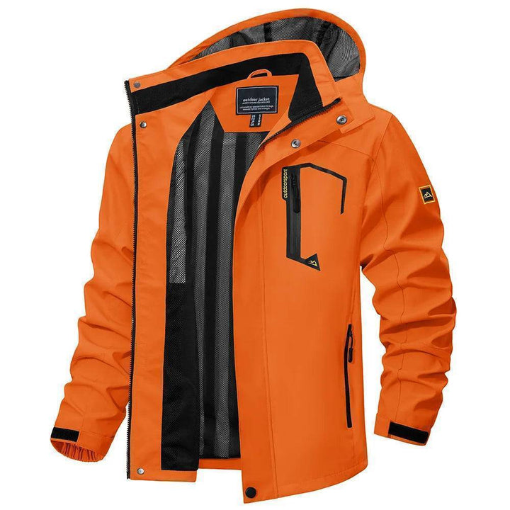 Folded lightweight waterproof rain jacket with detachable hood, showing its compact portability.
