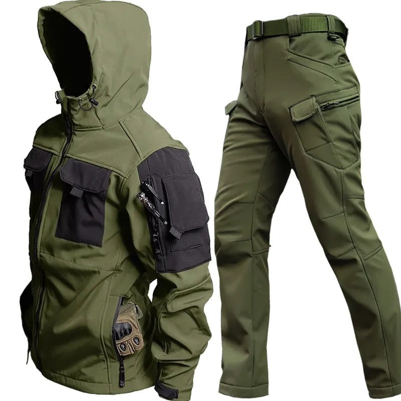 Versatile men's activewear performance set with multi-pocket pants & hoodie, perfect for trekking adventures.