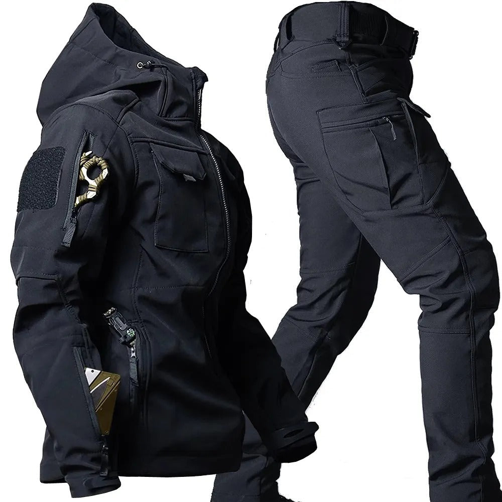 Complete men's multi-pocket outdoor performance set: durable hoodie & pants for camping and hiking.