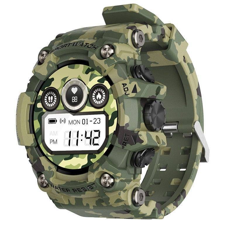 Durable men's smartwatch with black rubber strap, heart rate monitor, ideal for outdoor activities.