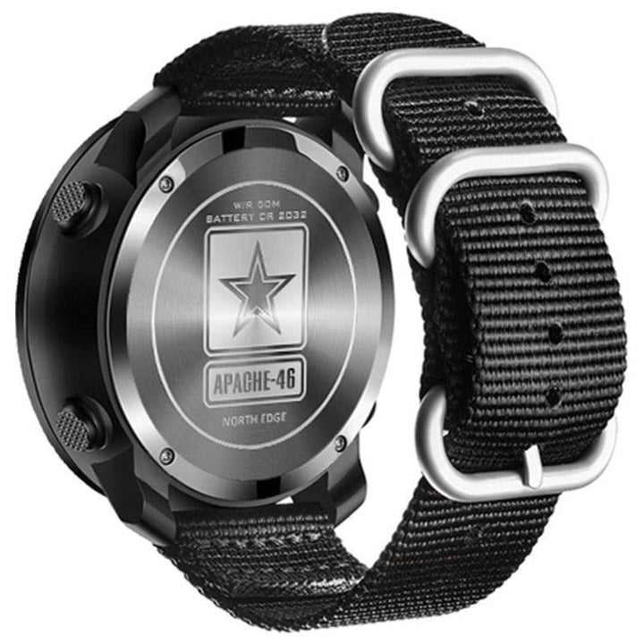 Rugged men's digital watch, water resistant, showing time, altimeter and barometer functions.
