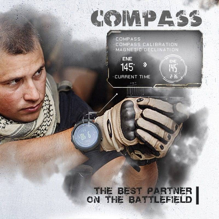 Adventure-ready men's outdoor watch; digital display, altimeter, barometer, and compass.