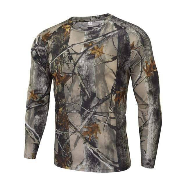 Back view of men's durable camouflage outdoor long sleeve shirt