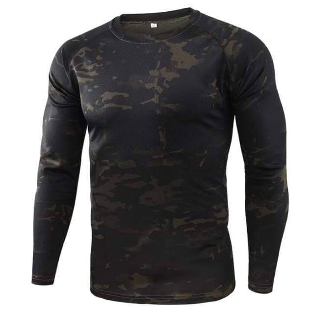 Full view of men's camping camouflage long sleeve shirt