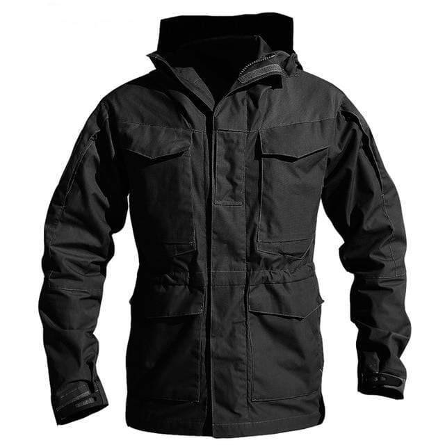 Front view of men's hooded tactical jacket, ideal for outdoor activities & rugged use