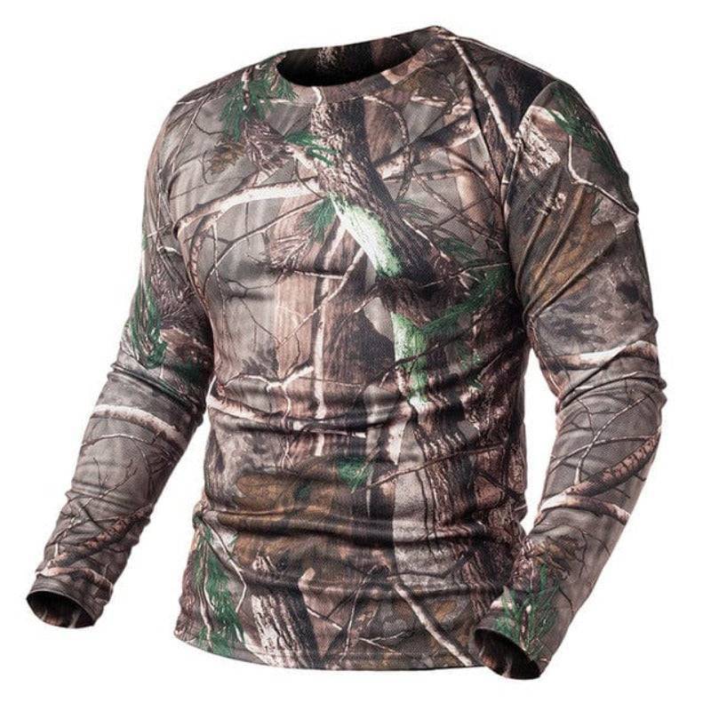 Men's outdoor tactical long sleeve broadcloth shirt in camo, ideal for hunting and camping.
