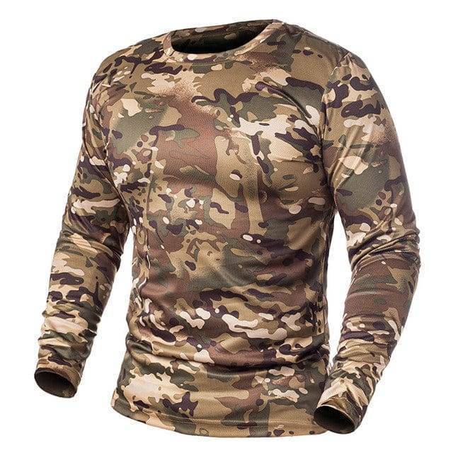 Closeup of a men's military style long sleeve tactical shirt, suitable for outdoor adventures.