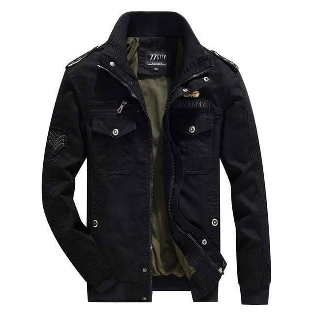 Close-up of men's military style field jacket with tactical pockets and durable polyester fabric
