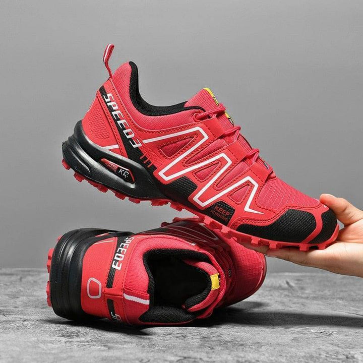 Close-up of anti-skid sole on men's waterproof hiking shoes for outdoor safety