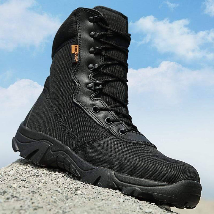 Men's high-cut hiking boots providing ankle support for outdoor trekking and camping