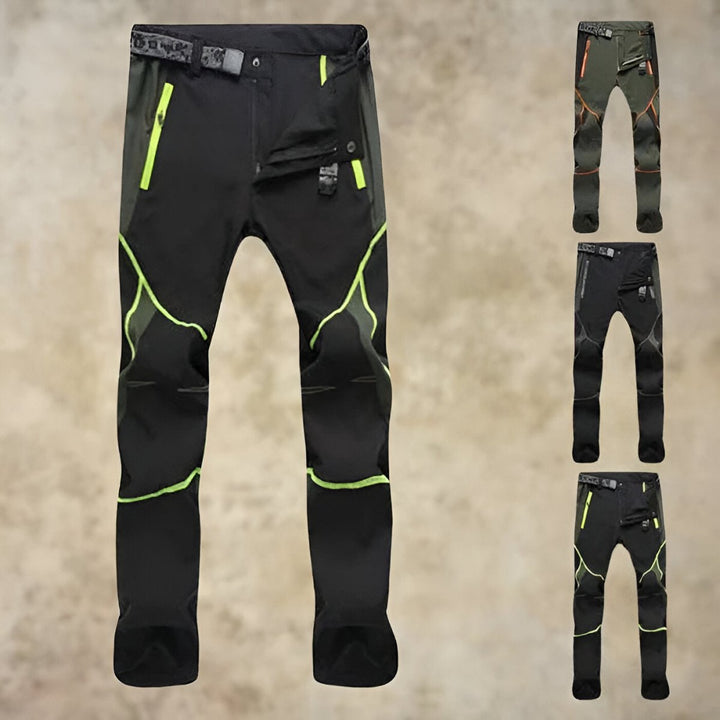 Men's outdoor windproof hiking trousers in grey on a white background, highlighting the durable fabric.
