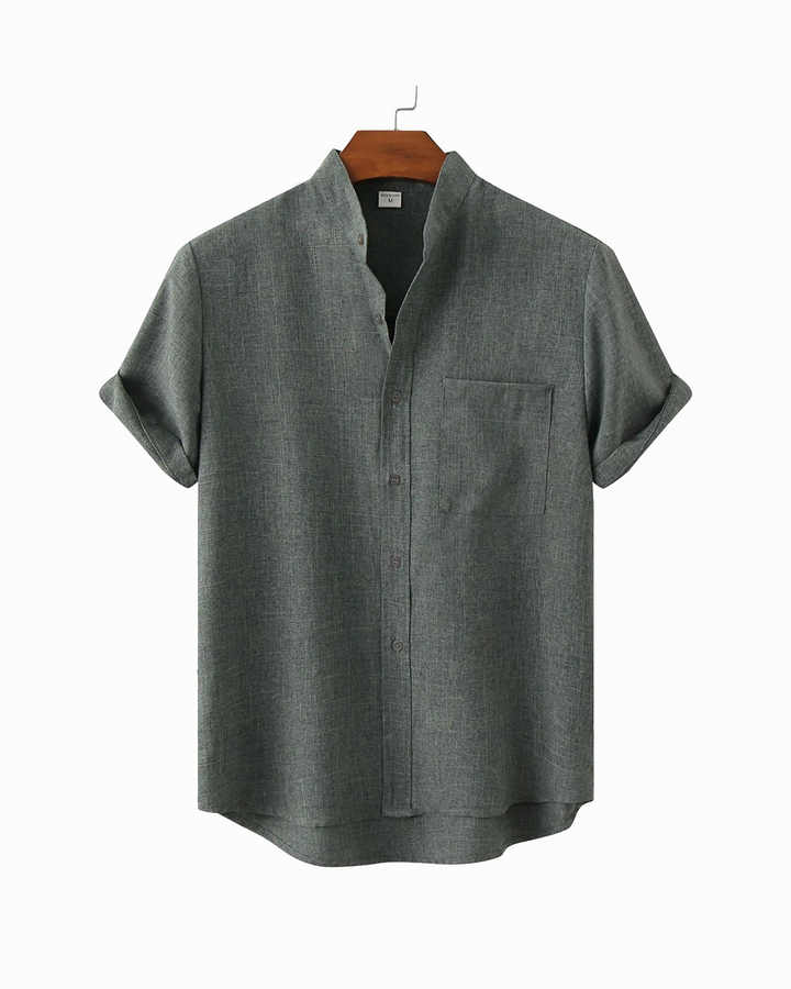 Men's Palermo dark green short sleeve shirt with stand collar, relaxed fit, perfect for summer casual wear.