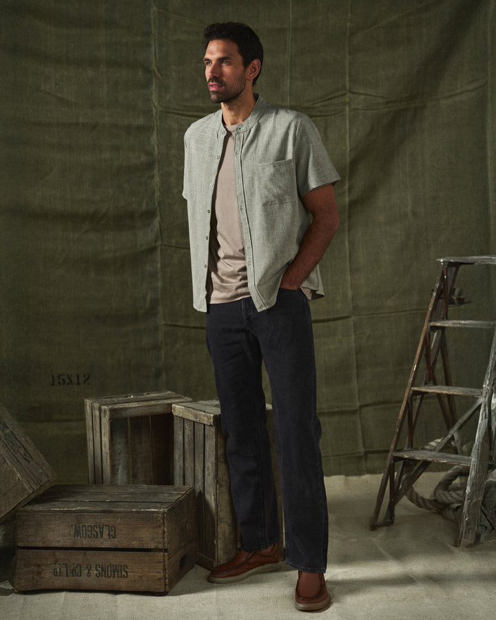 Dark green men's Palermo short sleeve button-up shirt, relaxed fit, great for summer fashion.