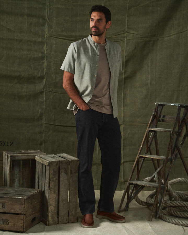 Brown men's short sleeve stand collar shirt by Palermo, comfortable and casual for warm days.