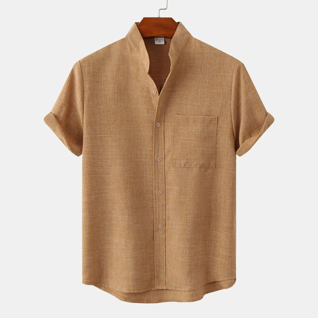 Brown men's Palermo comfortable short sleeve button-up shirt with stylish stand collar.