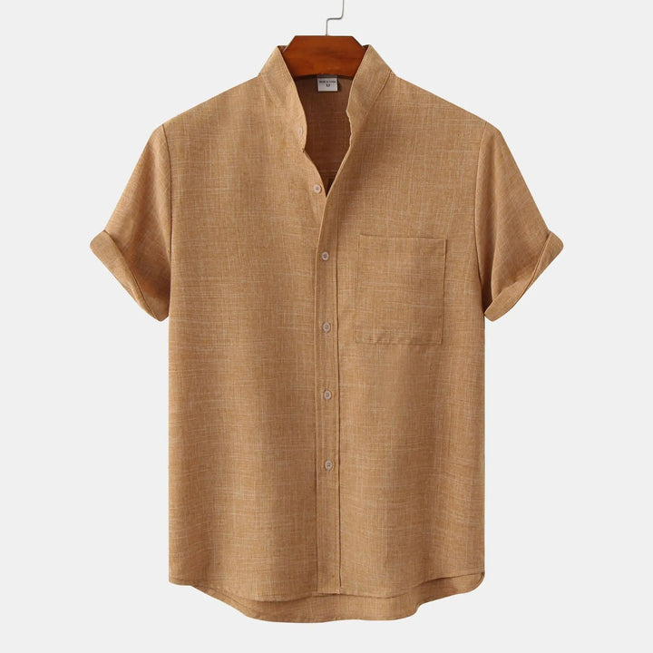 Brown men's Palermo comfortable short sleeve button-up shirt with stylish stand collar.