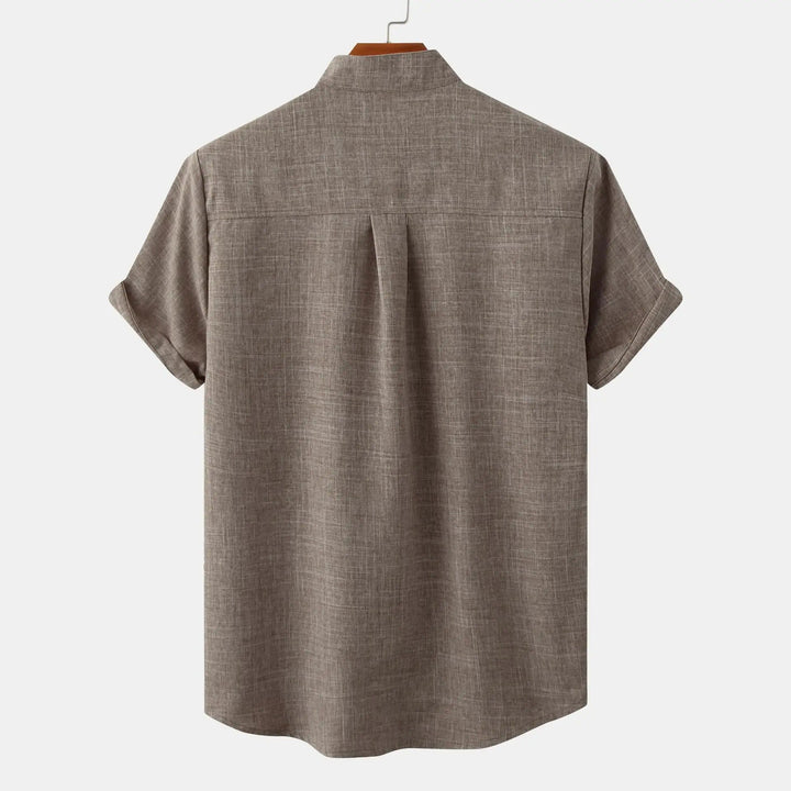 Black Palermo men's short sleeve shirt, stand collar, relaxed fit, perfect for warm weather.