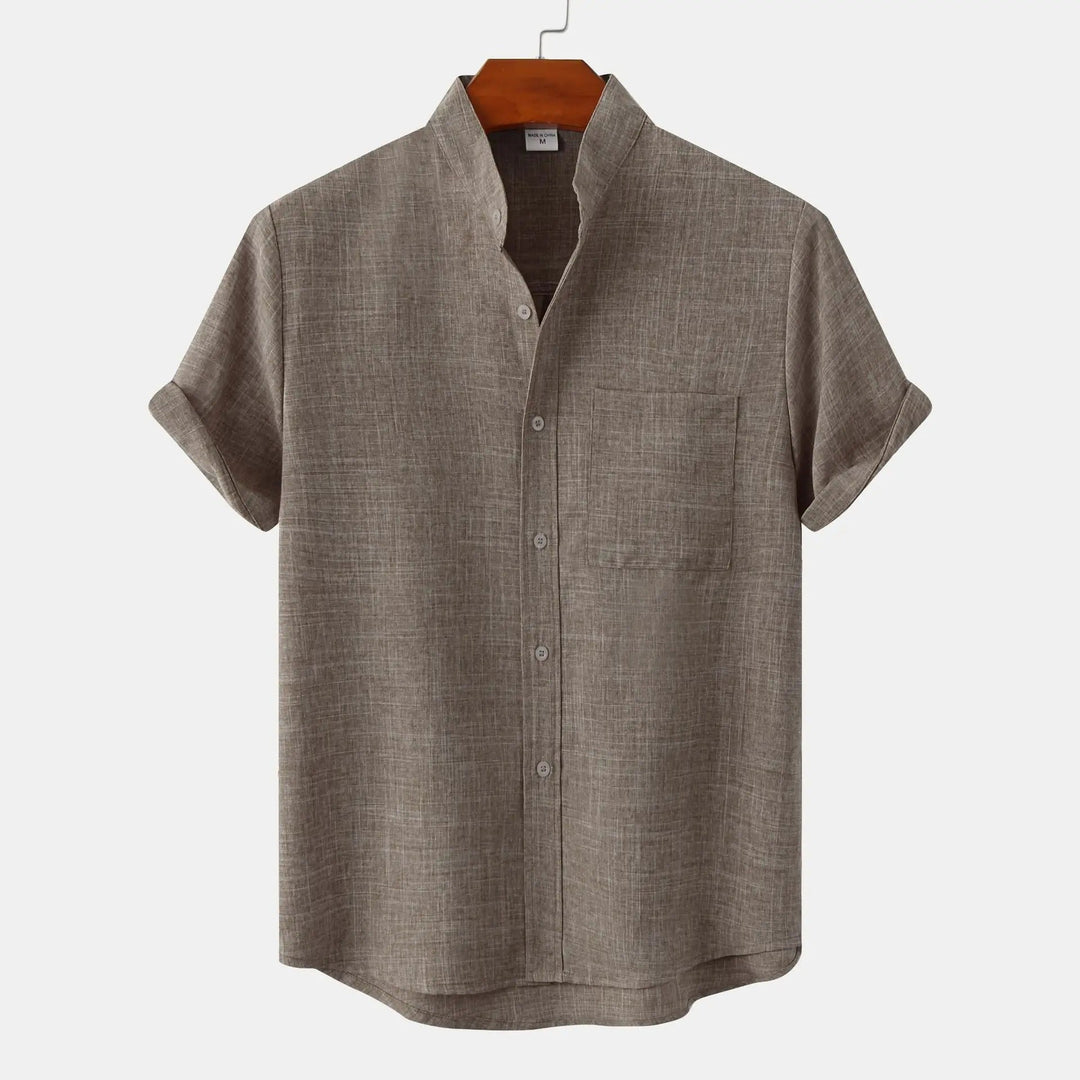 Grayish brown men's Palermo shirt, short sleeve, stand collar, comfortable and casual.