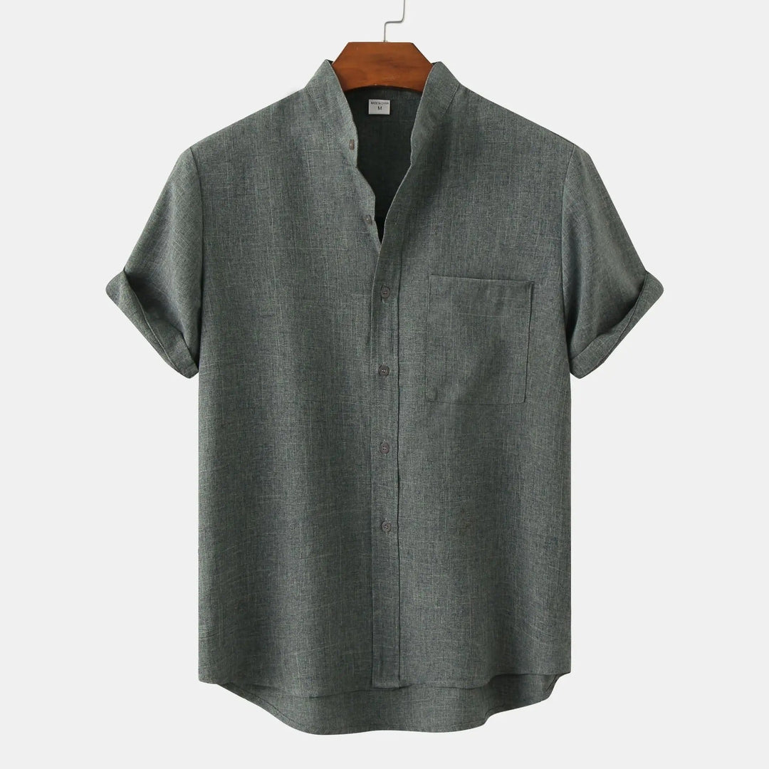 Stylish brown men's short sleeve shirt with stand collar and relaxed fit, a Palermo original.