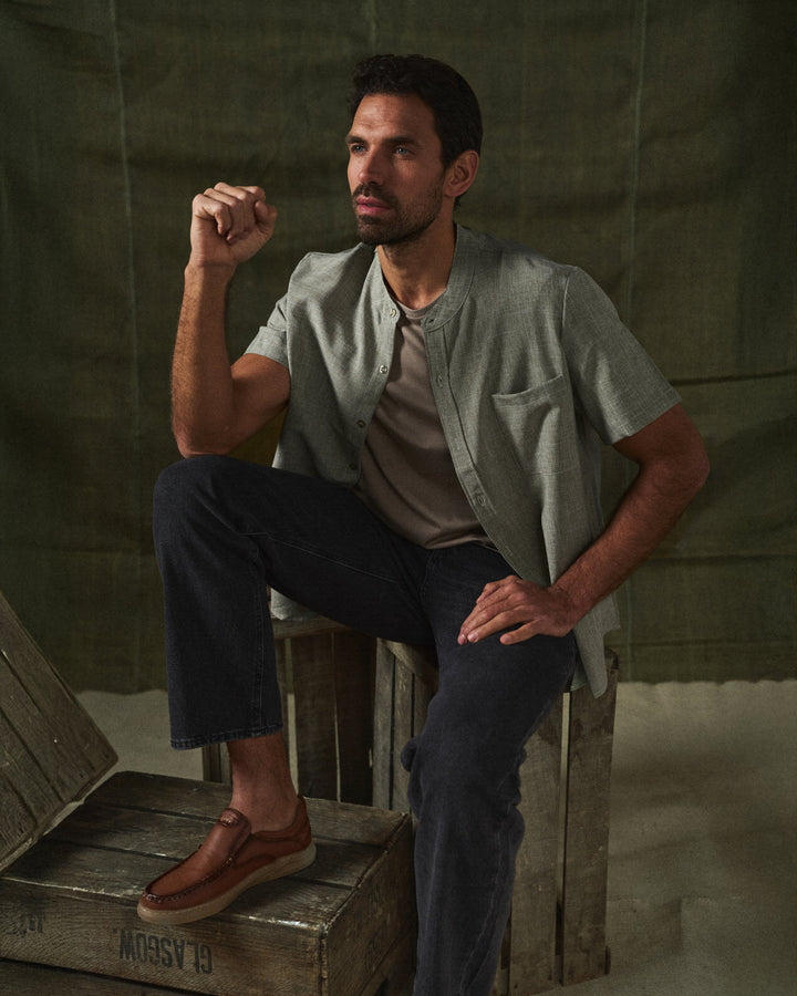 Grayish brown Palermo men's relaxed fit short sleeve shirt with a modern stand collar.