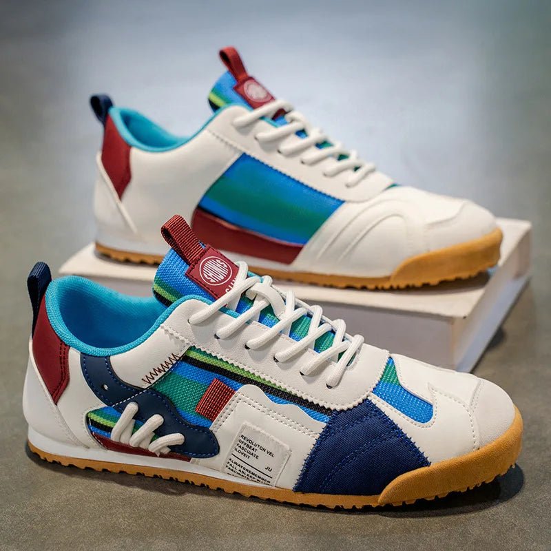 Front view of men's durable utility sneakers. Stylish patchwork design for urban fashion, trail, & active comfort.