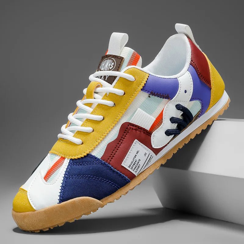 Stylish men's patchwork sneakers, perfect for urban street style, casual wear, and rugged trail adventures.