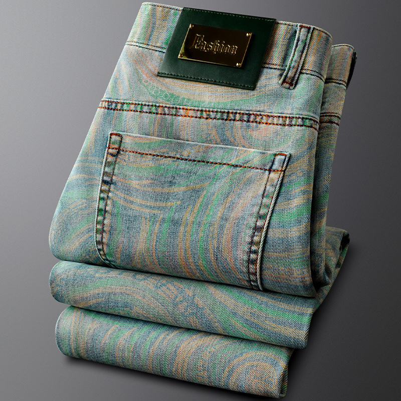 Men's Patterned PRISM DENIM Jeans with unique custom dyed tribal design. Retro washed denim for a fashion statement.