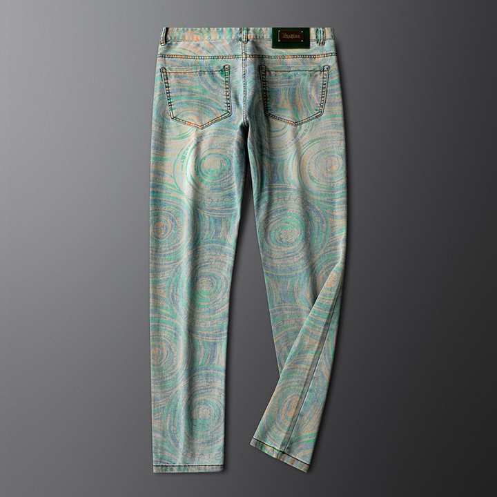Men's patterned PRISM DENIM Jeans. Custom dyed tribal design on retro washed denim, comfortable and unique.