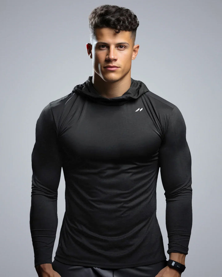 Men's performance baselayer hoodie for active comfort, gym wear, running & athletic training.