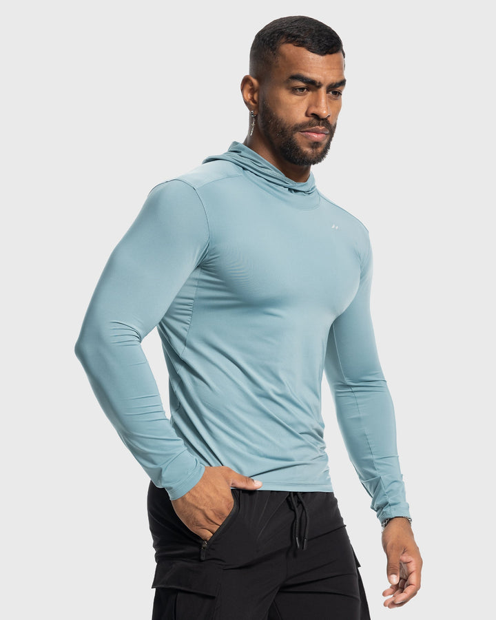 Men's performance baselayer hoodie, designed for active comfort during gym and outdoor training.