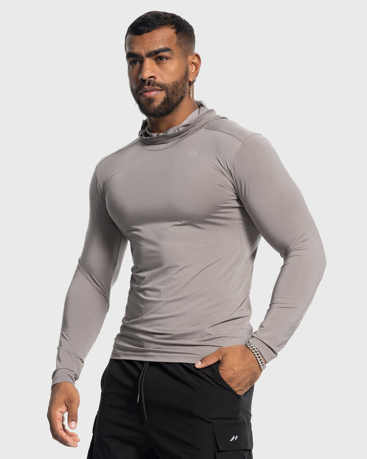 Moisture-wicking men's baselayer hoodie with stretch fit, perfect for gym workouts & running.