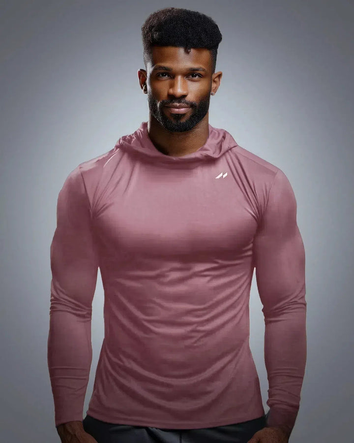 Men's athletic performance hoodie, ideal gym wear, running top & layering piece for active comfort.