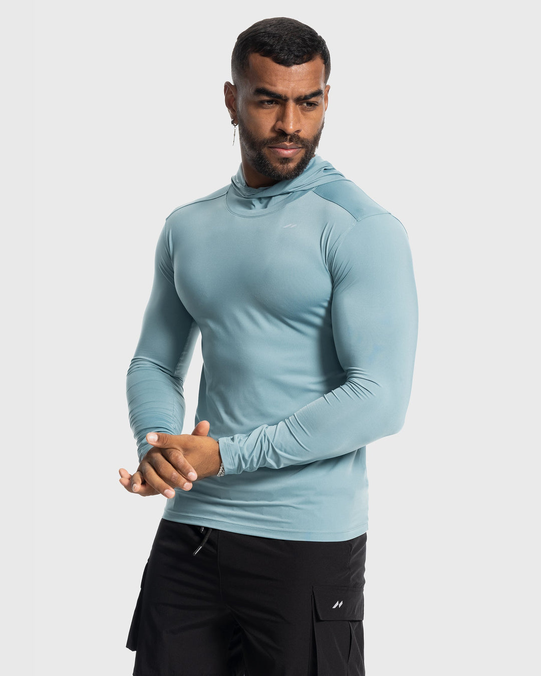 Men's workout gear baselayer hoodie with stretch fit, perfect for training & active lifestyle.