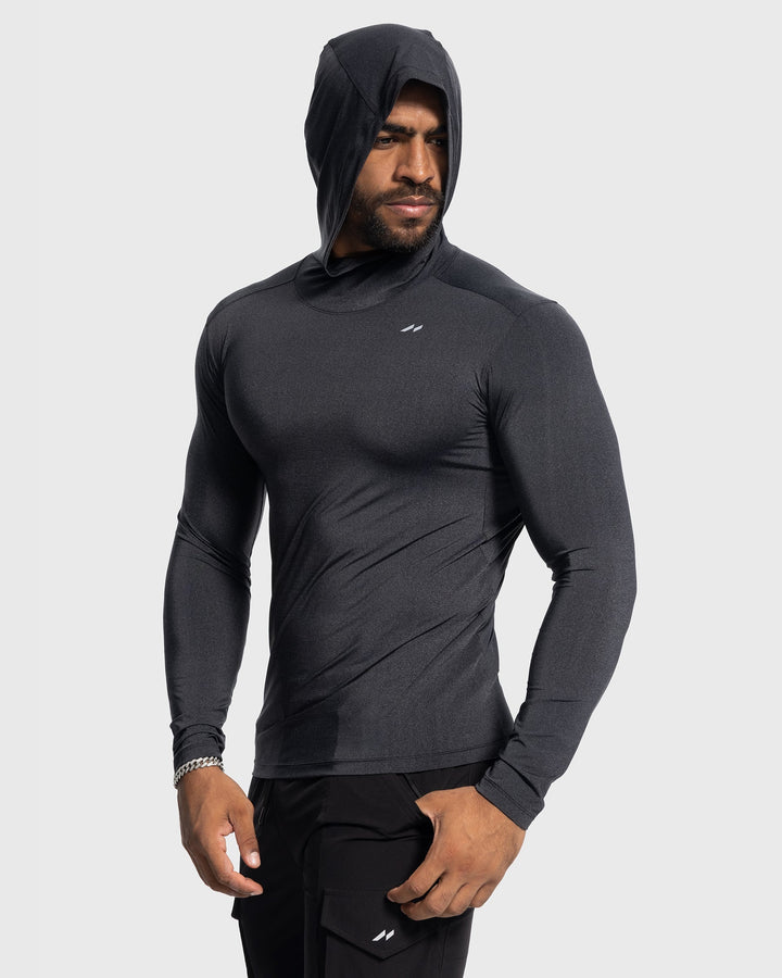 Men's running top baselayer hoodie, moisture-wicking for marathon training and active lifestyle.